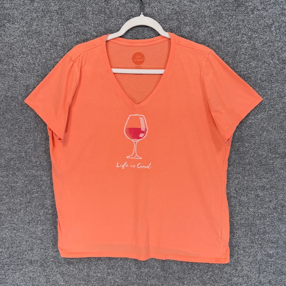 Life is Good Tshirt Womens XL Orange Wine Glass Graphic V-Neck Tee Casual